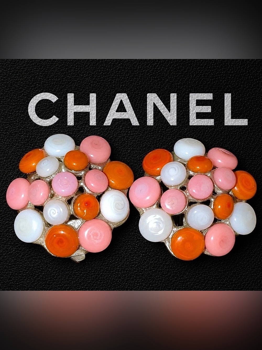 CHANEL Pink White & Orange Cluster Button Earrings - Clipon